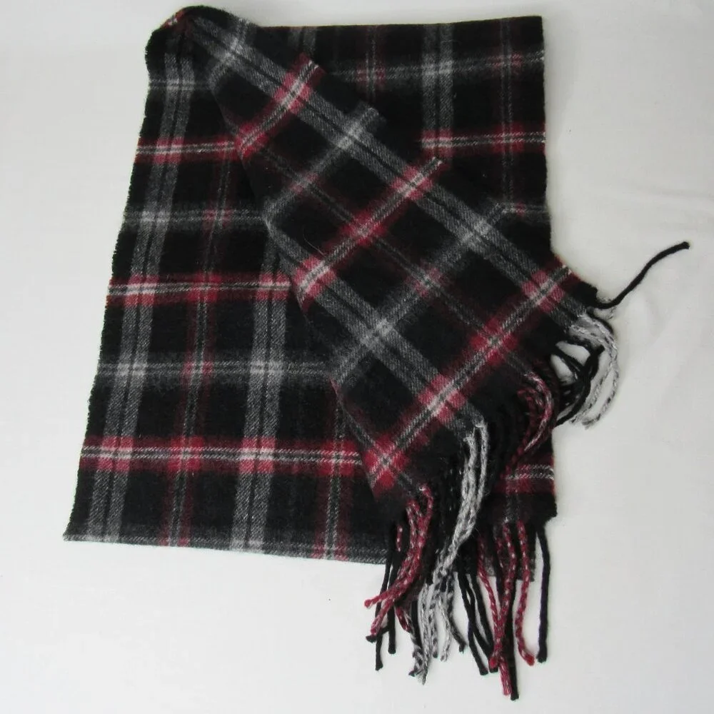 Club Room Black Red Check 100% Cashmere Scarf Fringe End